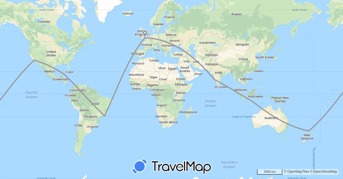 TravelMap itinerary: driving, plane in Brazil, United Kingdom, Indonesia, India, Mexico, New Zealand, United States (Asia, Europe, North America, Oceania, South America)